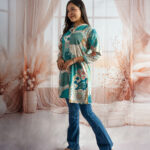 Aqua Bloom Patch Print Kurti with Bootcut Denim Combo