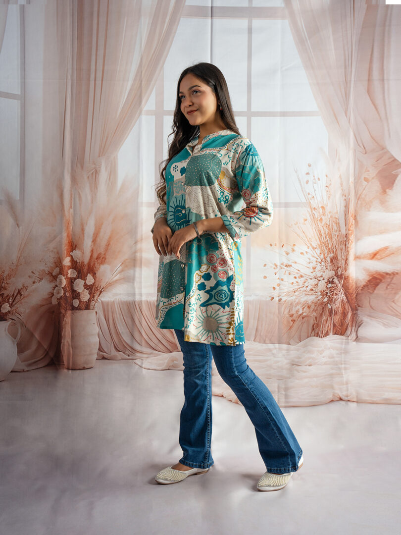 Aqua Bloom Patch Print Kurti with Bootcut Denim Combo