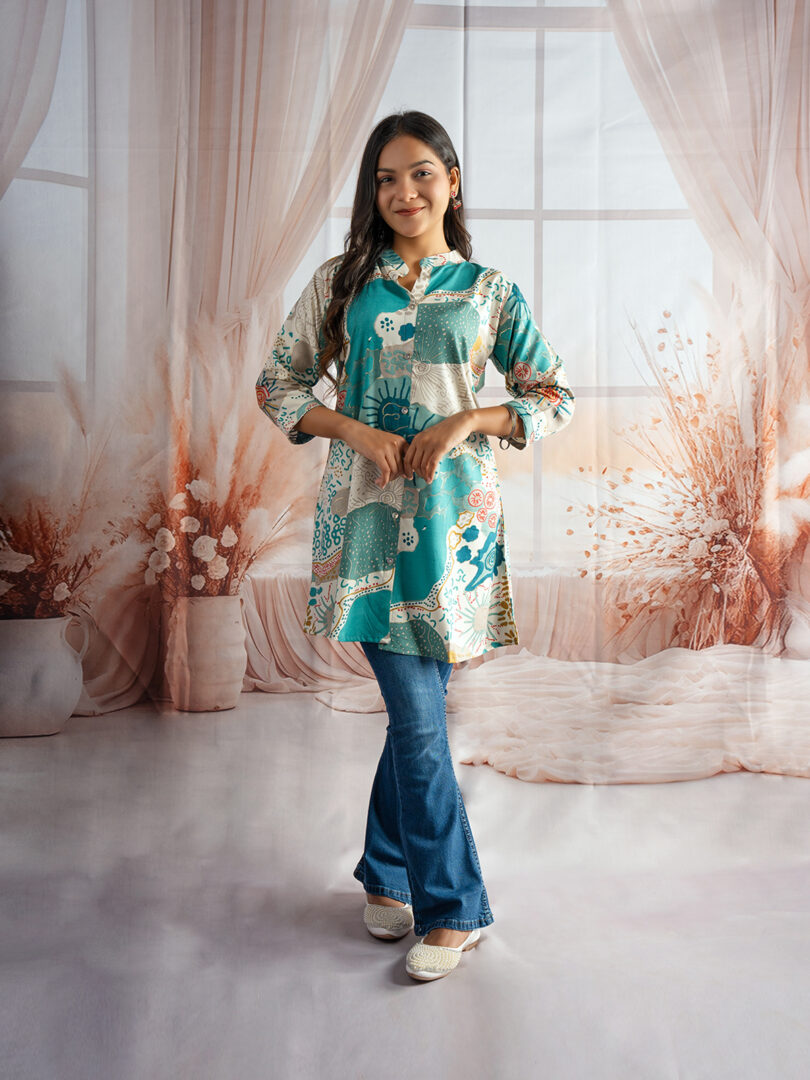 Aqua Bloom Patch Print Kurti with Bootcut Denim Combo - Image 2