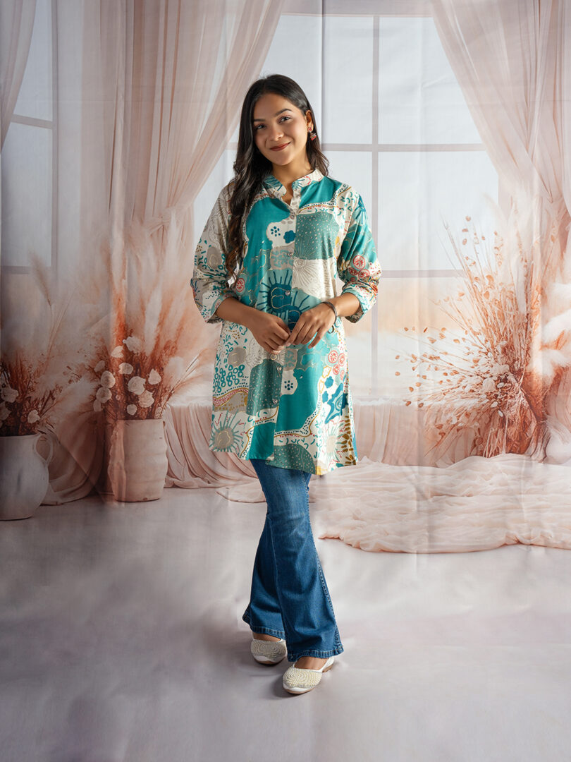 Aqua Bloom Patch Print Kurti with Bootcut Denim Combo - Image 3