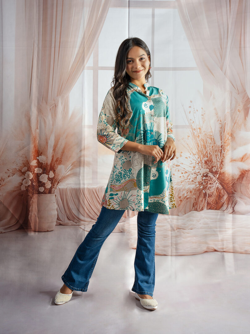 Aqua Bloom Patch Print Kurti with Bootcut Denim Combo - Image 4