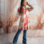 Peach Bloom Abstract Printed Kurti with Bootcut Jeans Set
