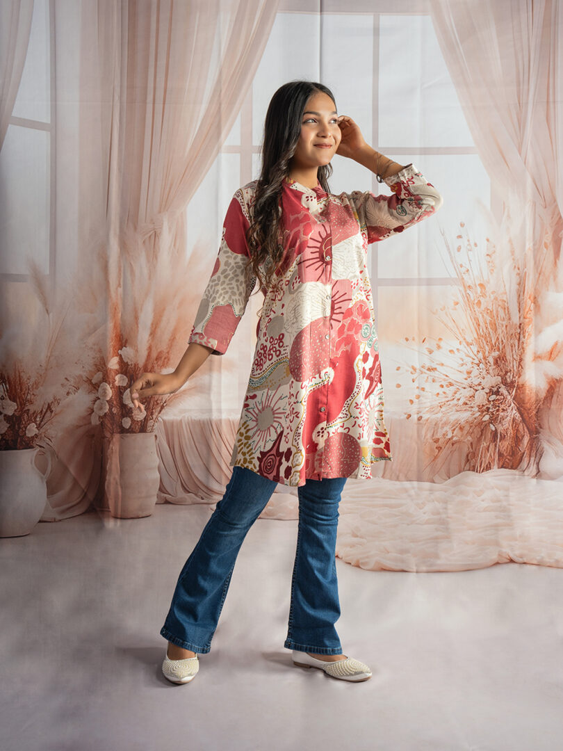 Peach Bloom Abstract Printed Kurti with Bootcut Jeans Set