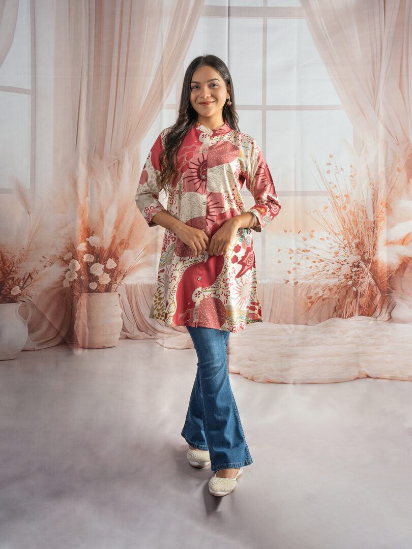 Peach Bloom Abstract Printed Kurti with Bootcut Jeans Set - Image 2