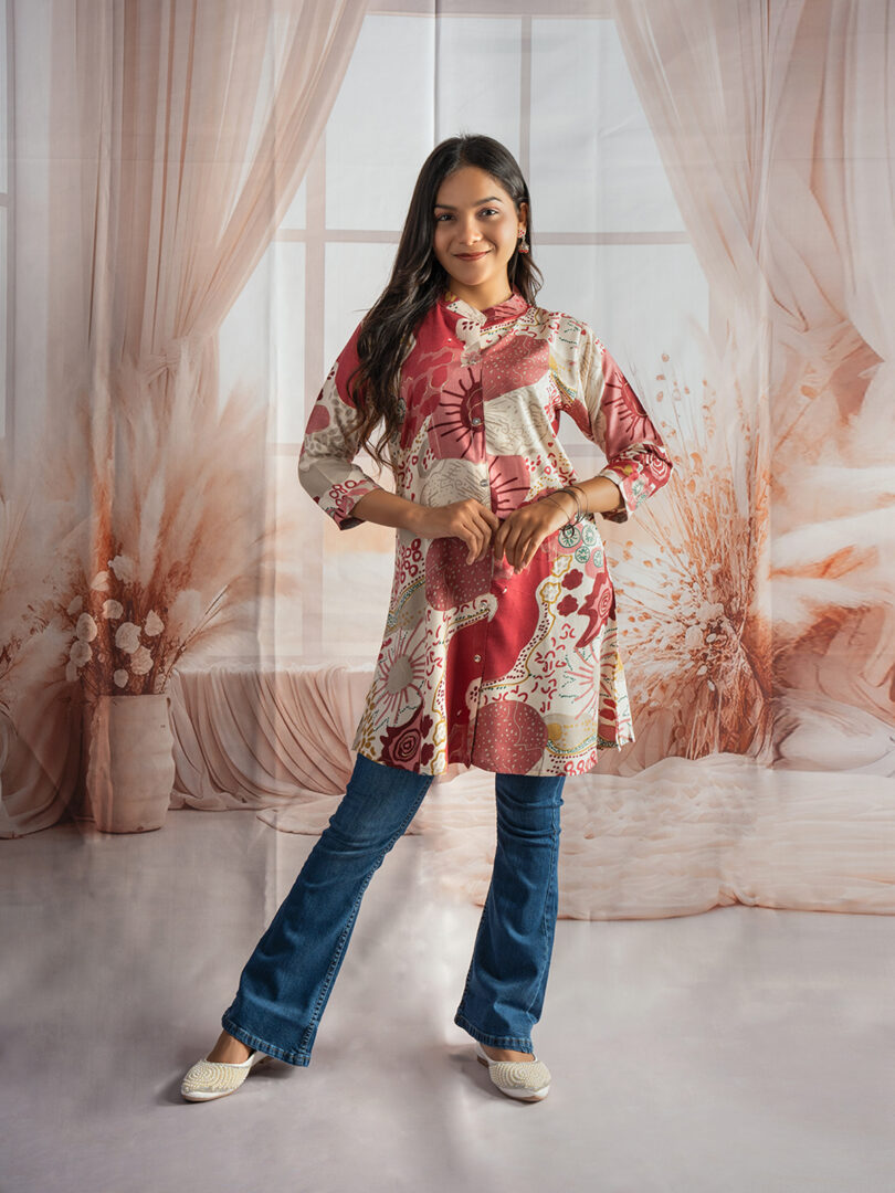Peach Bloom Abstract Printed Kurti with Bootcut Jeans Set - Image 3