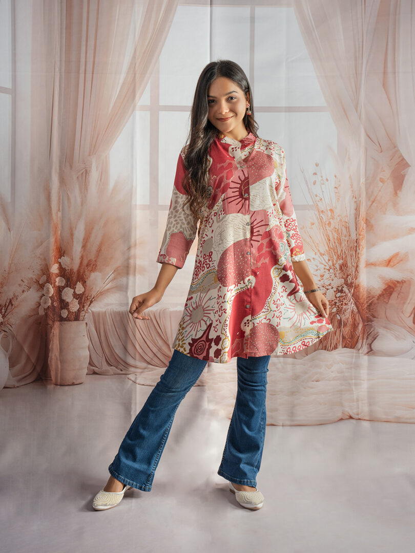 Peach Bloom Abstract Printed Kurti with Bootcut Jeans Set - Image 4