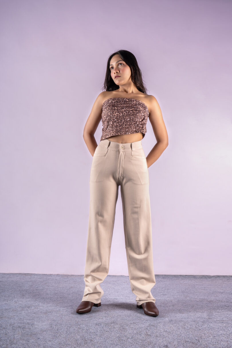 Beige High-Rise Flowy Tailored Trousers