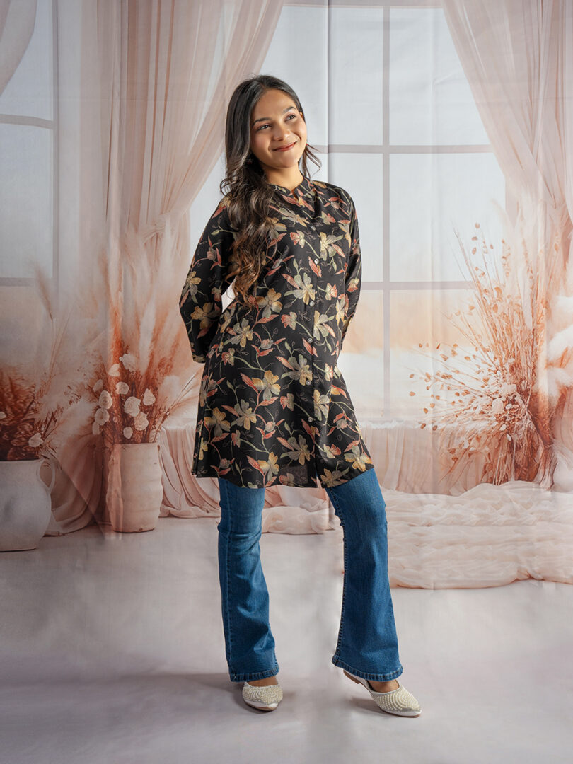 Midnight Bloom Black Floral Kurti with Bootcut Denim Combo