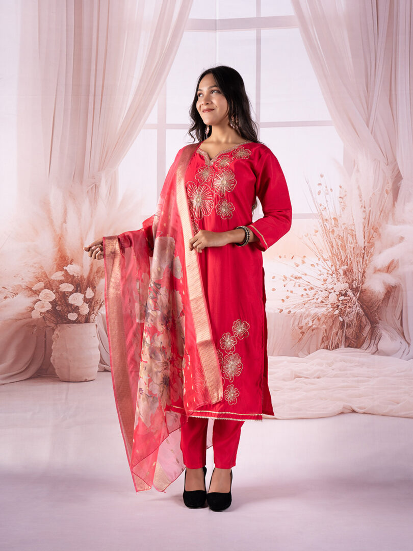 Crimson Blossom Embroidered Kurta Set with Floral Organza Dupatta - Image 5