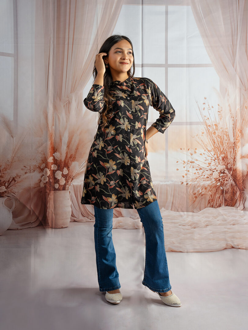 Midnight Bloom Black Floral Kurti with Bootcut Denim Combo - Image 2