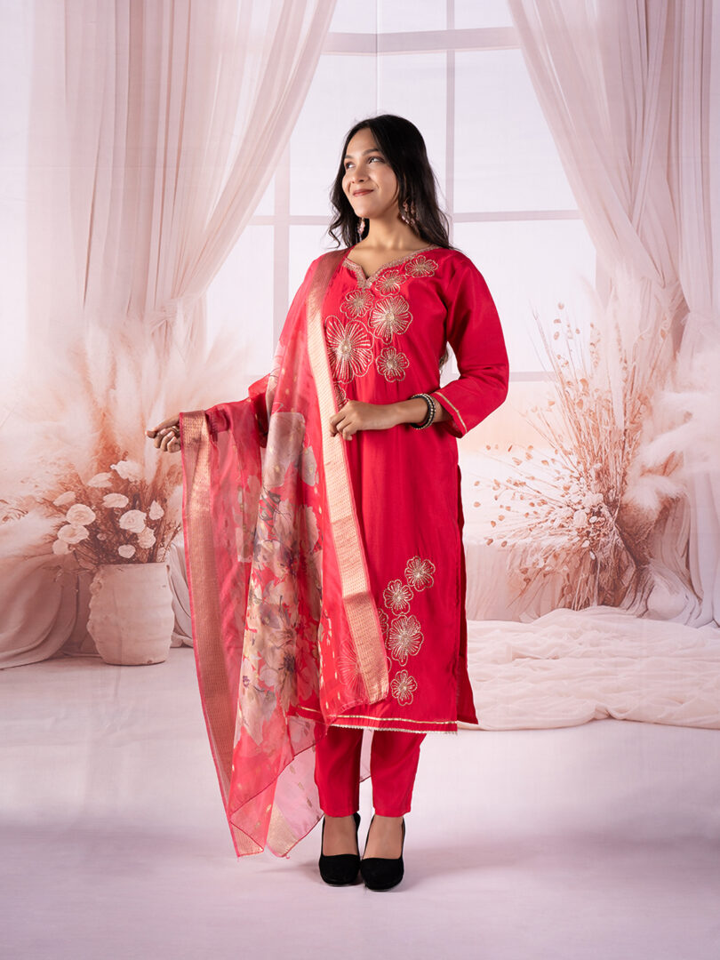 Crimson Blossom Embroidered Kurta Set with Floral Organza Dupatta - Image 6