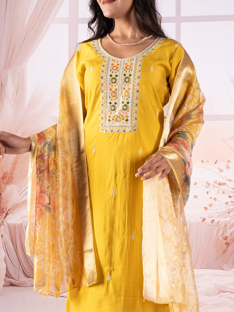 Sunshine Bloom Embroidered Kurta Set with Printed Dupatta - Image 4