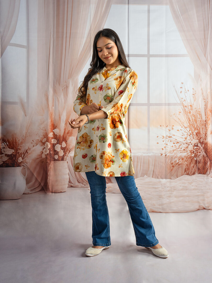 Golden Bloom Floral Kurti with Bootcut Denim Combo
