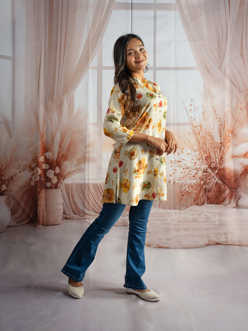 Golden Bloom Floral Kurti with Bootcut Denim Combo - Image 2