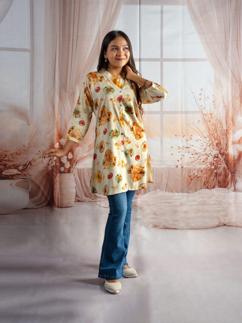 Golden Bloom Floral Kurti with Bootcut Denim Combo - Image 3