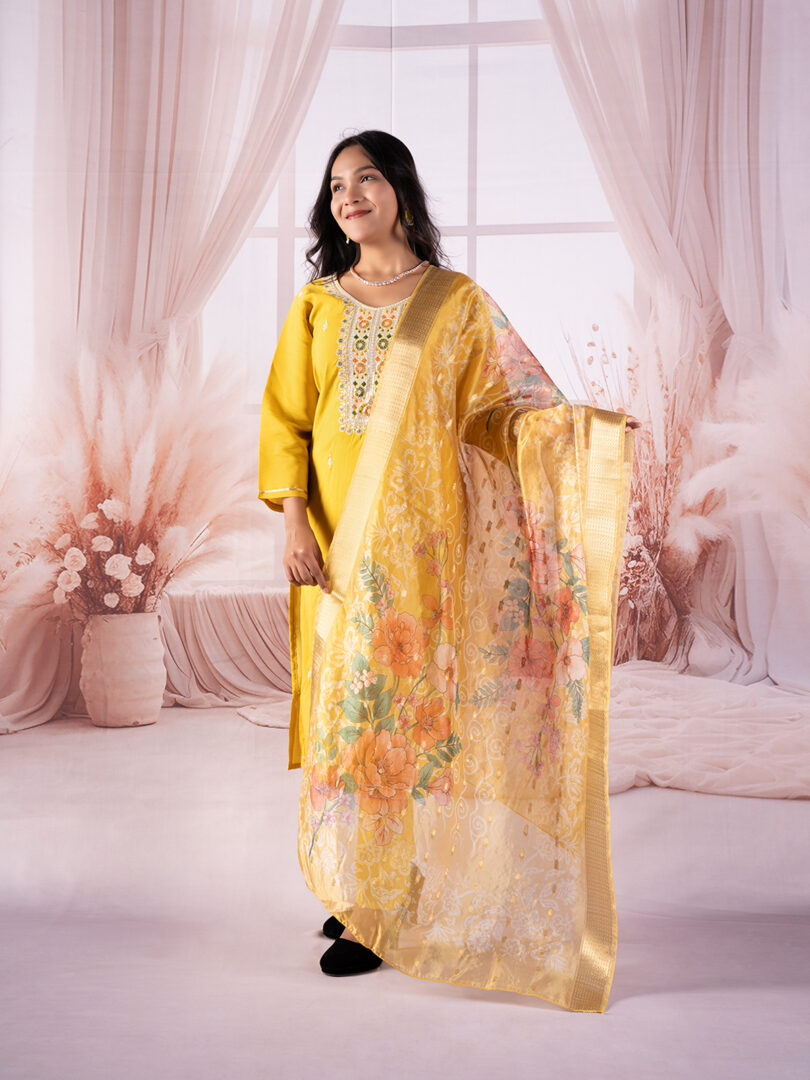 Sunshine Bloom Embroidered Kurta Set with Printed Dupatta
