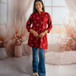 Crimson Charm Printed Kurti with Bootcut Jeans Set