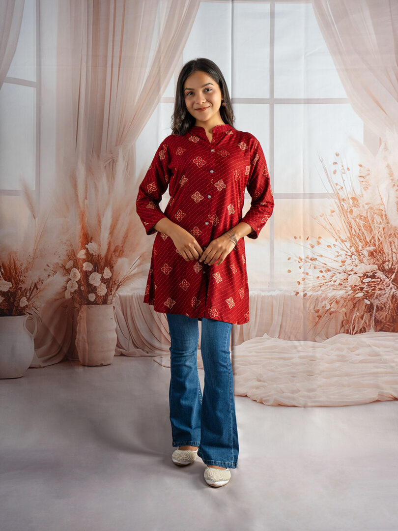 Crimson Charm Printed Kurti with Bootcut Jeans Set