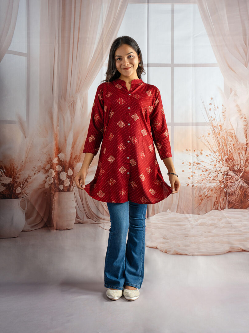 Crimson Charm Printed Kurti with Bootcut Jeans Set - Image 2