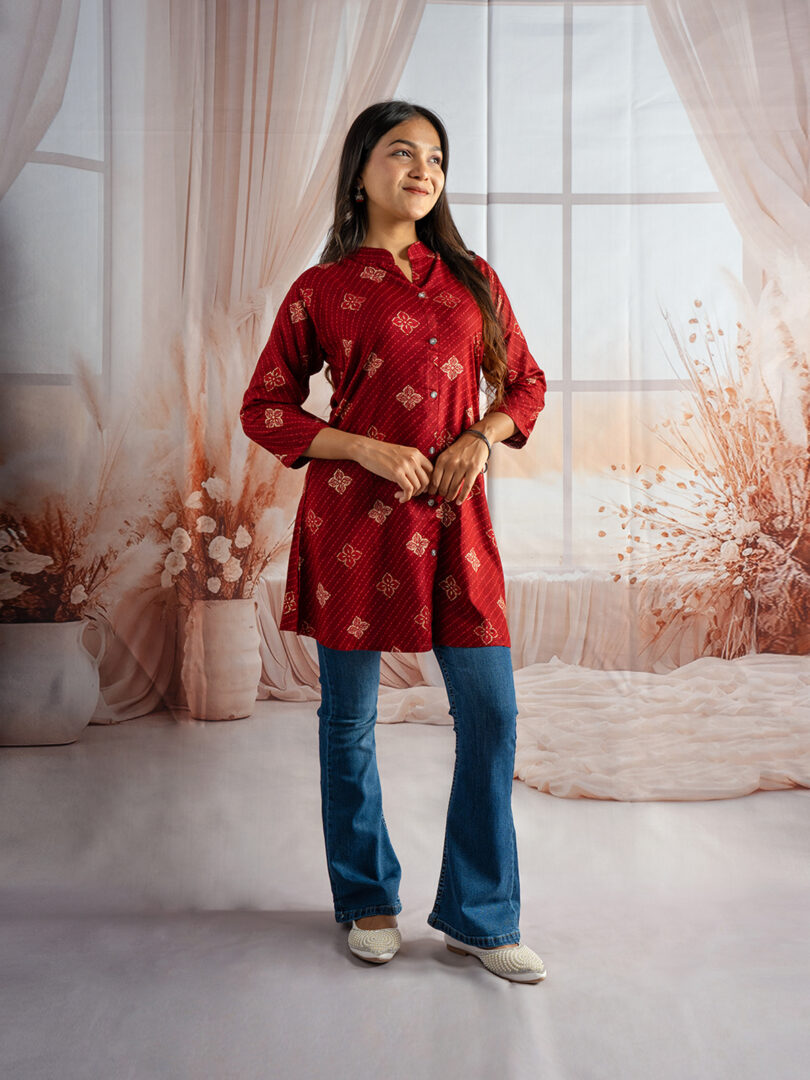 Crimson Charm Printed Kurti with Bootcut Jeans Set - Image 3