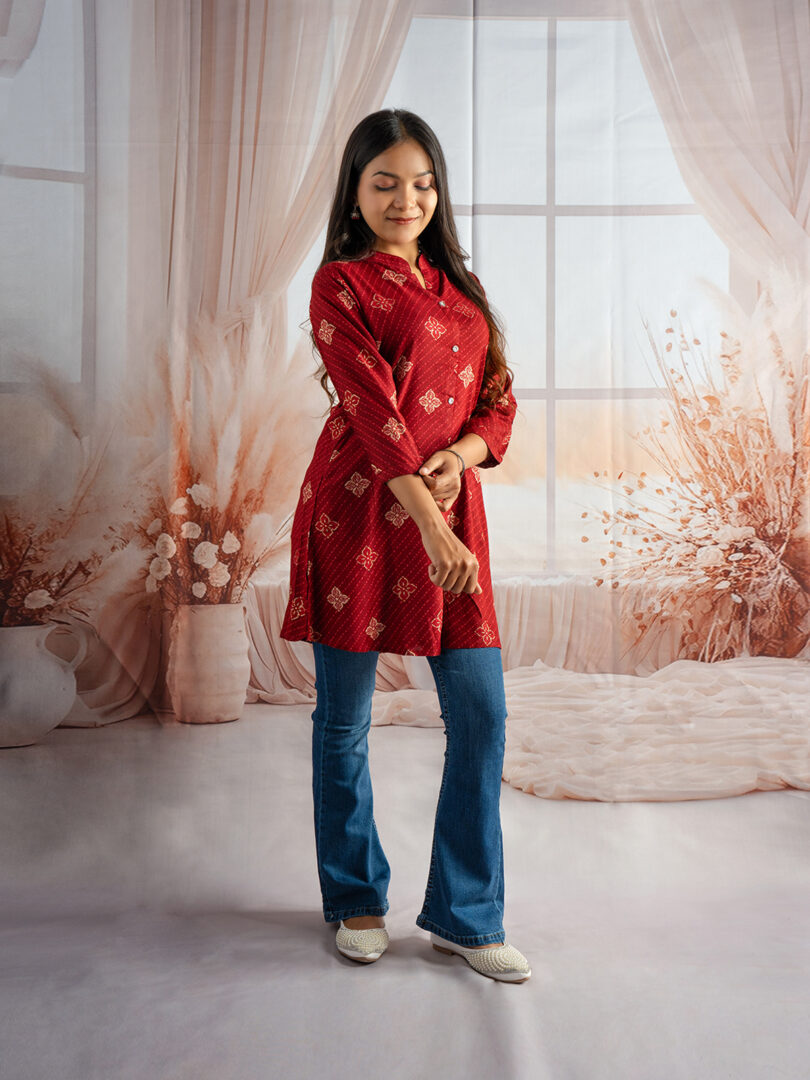 Crimson Charm Printed Kurti with Bootcut Jeans Set - Image 4