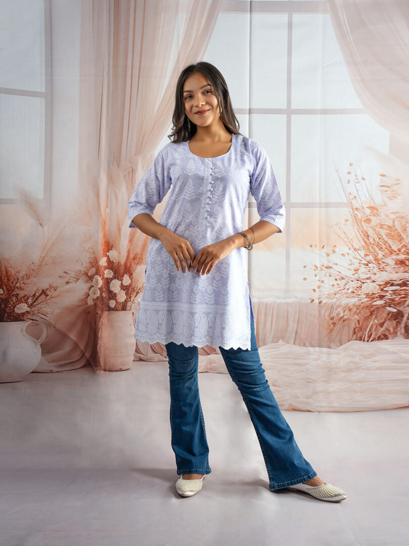 Serene Sky Blue Embroidered Short Kurti for Girls - Image 2