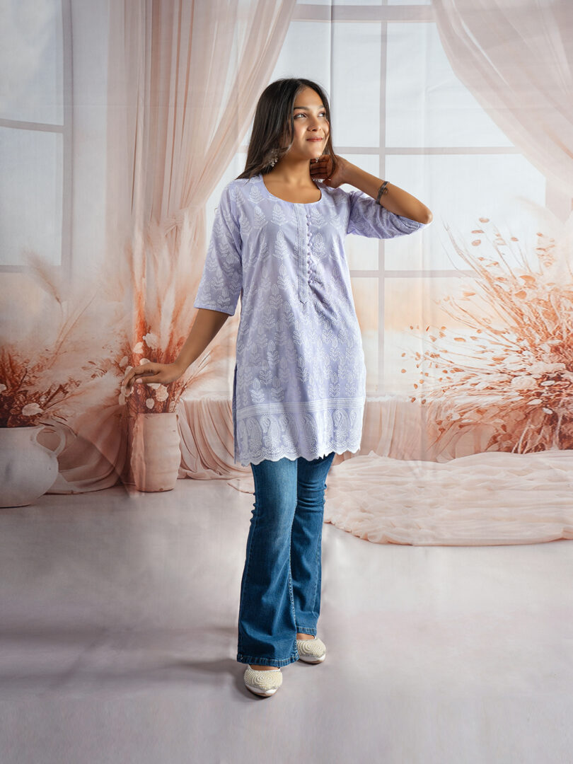 Serene Sky Blue Embroidered Short Kurti for Girls