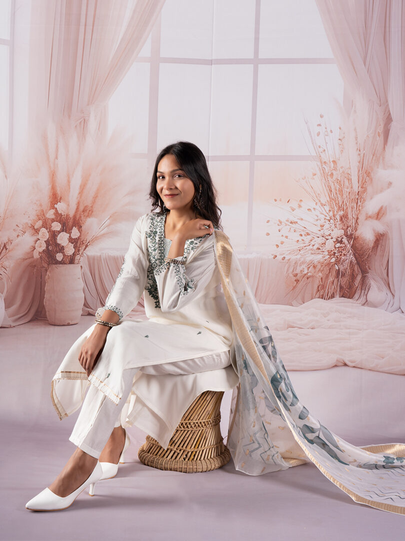 Ivory Pink Embroidered Kurta Set with Digital Floral Dupatta - Image 2