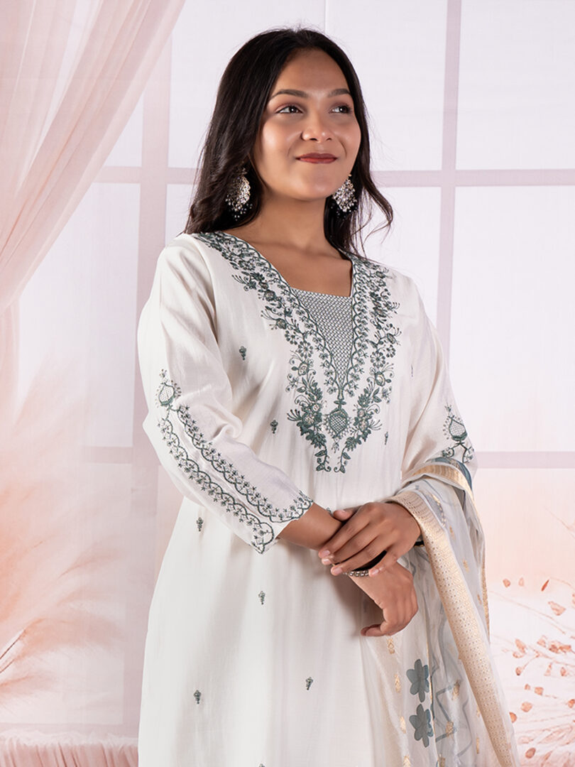 Ivory Pink Embroidered Kurta Set with Digital Floral Dupatta - Image 3
