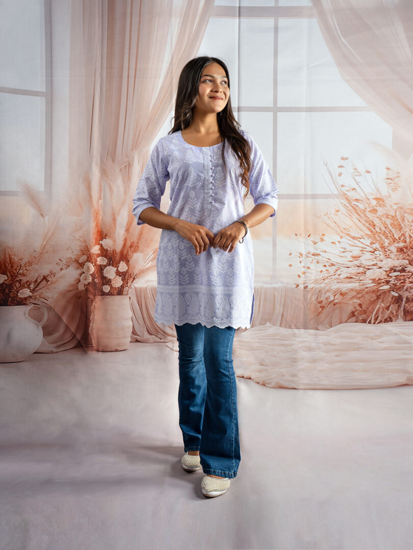 Serene Sky Blue Embroidered Short Kurti for Girls - Image 4