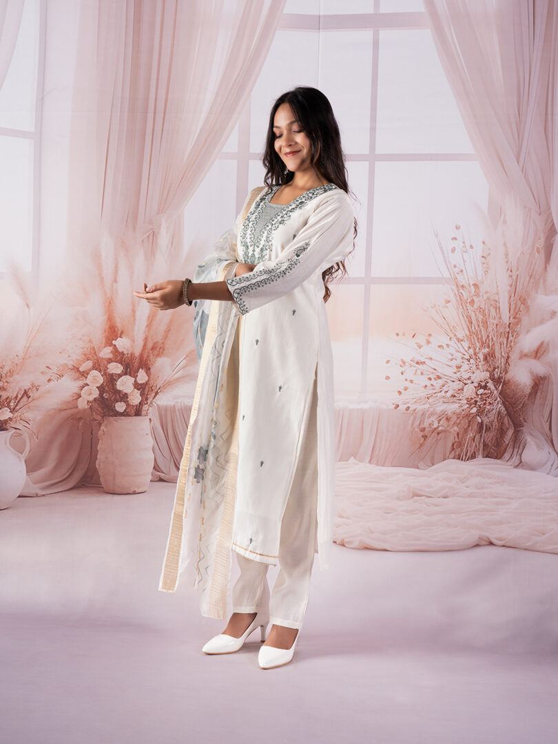 Ivory Pink Embroidered Kurta Set with Digital Floral Dupatta - Image 4