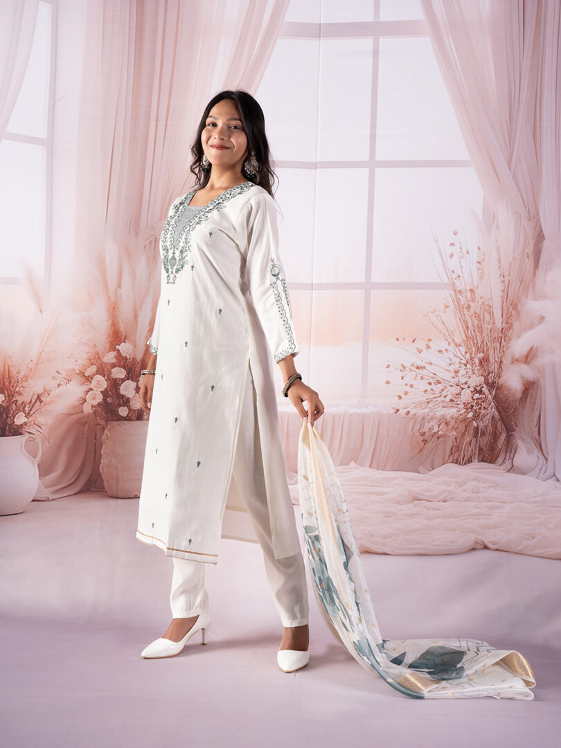 Ivory Pink Embroidered Kurta Set with Digital Floral Dupatta - Image 5