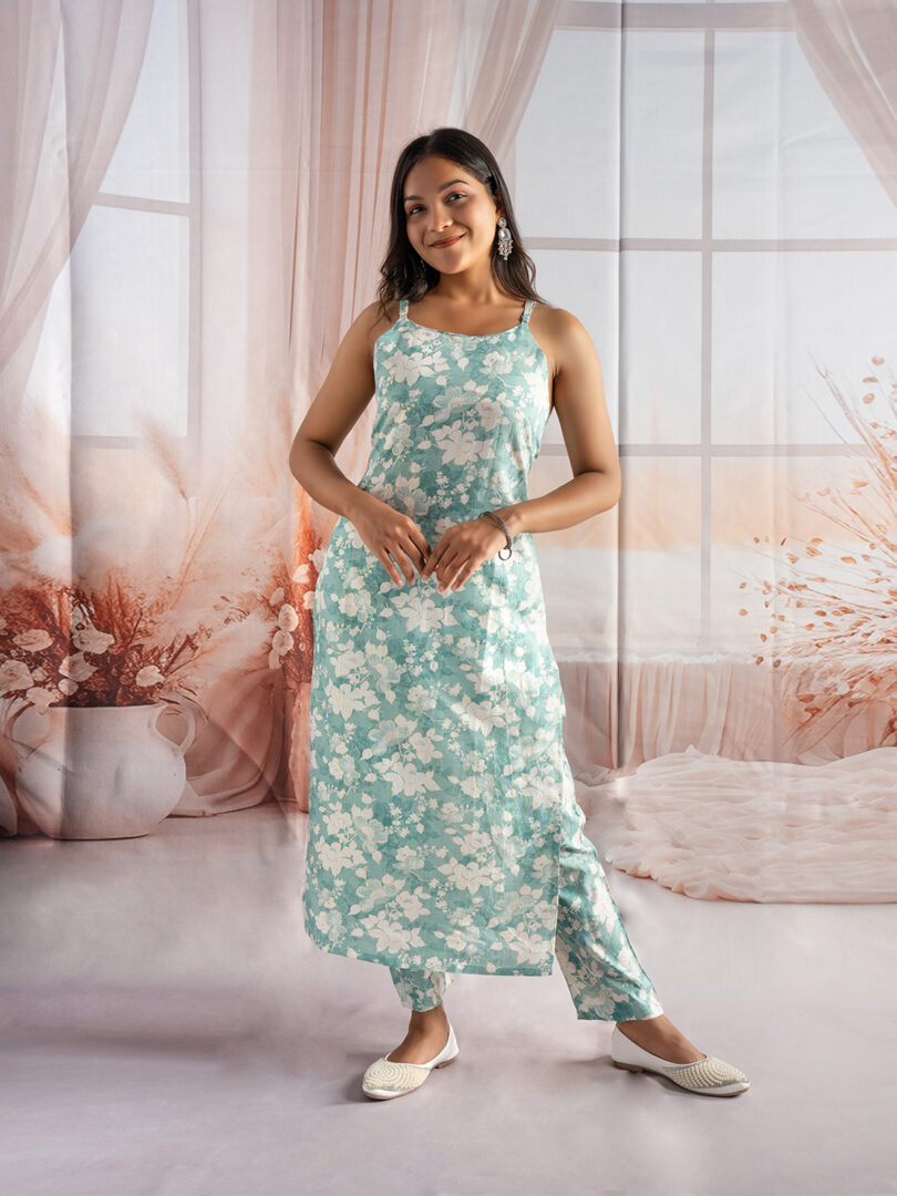 Mint Bloom Sleeveless Floral Kurti Set for Women