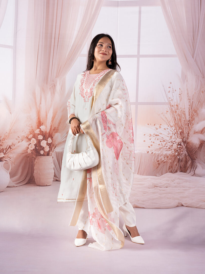 Ivory Pink Embroidered Kurta Set with Digital Floral Dupatta - Image 9