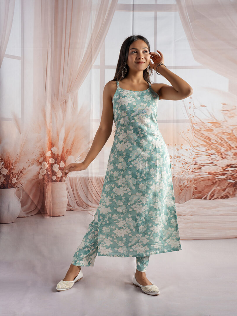 Mint Bloom Sleeveless Floral Kurti Set for Women - Image 2