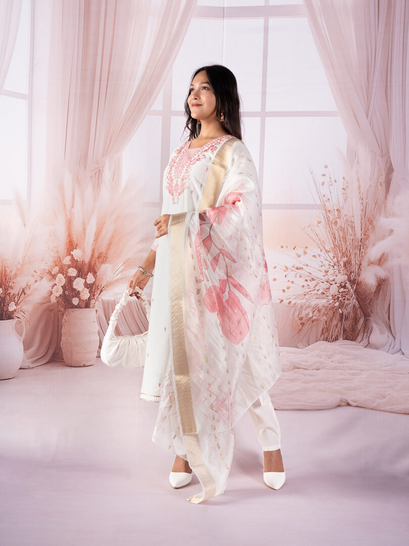 Ivory Pink Embroidered Kurta Set with Digital Floral Dupatta - Image 8