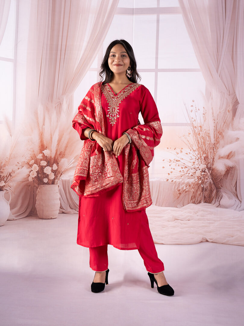 Empress Rose Embroidered Kurta Set with Heritage Dupatta