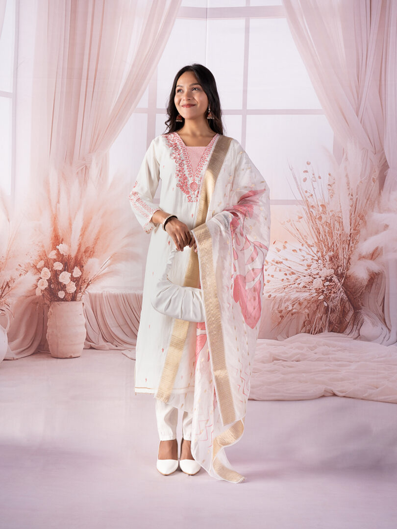 Ivory Pink Embroidered Kurta Set with Digital Floral Dupatta