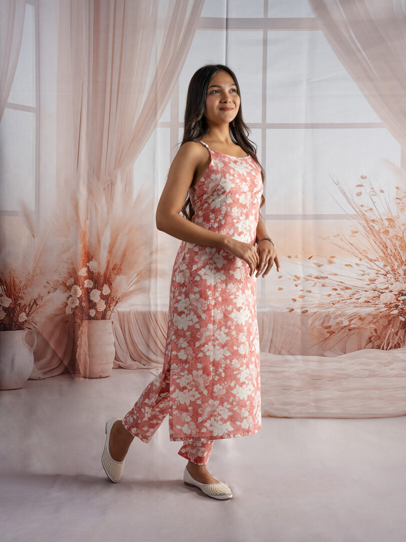 Blush Blossom Sleeveless Floral Kurti Set for Girls - Image 2
