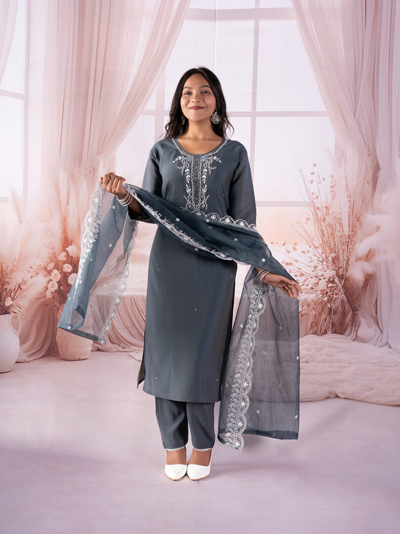 Slate Grey Embroidered Kurta Set with Organza Dupatta