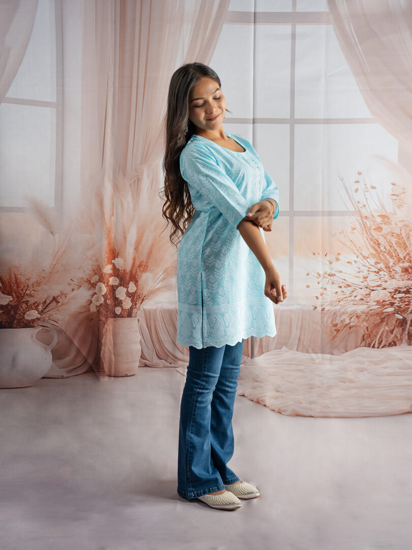 Serene Sky Blue Embroidered Short Kurti for Girls - Image 5