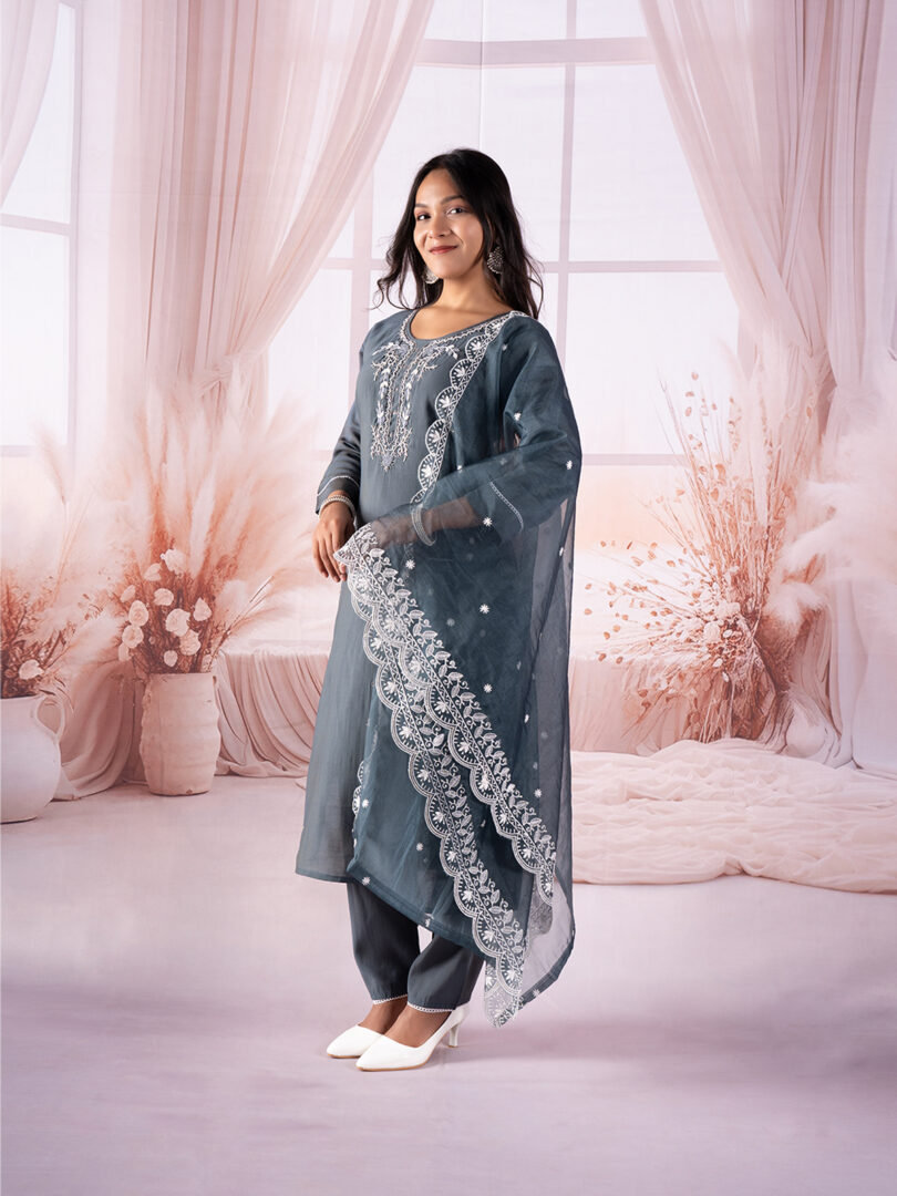 Slate Grey Embroidered Kurta Set with Organza Dupatta - Image 2