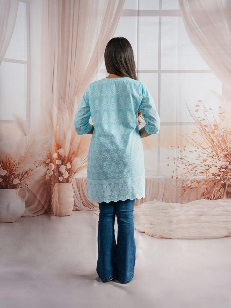 Serene Sky Blue Embroidered Short Kurti for Girls - Image 6