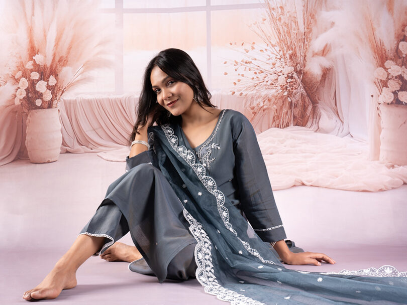 Slate Grey Embroidered Kurta Set with Organza Dupatta - Image 3