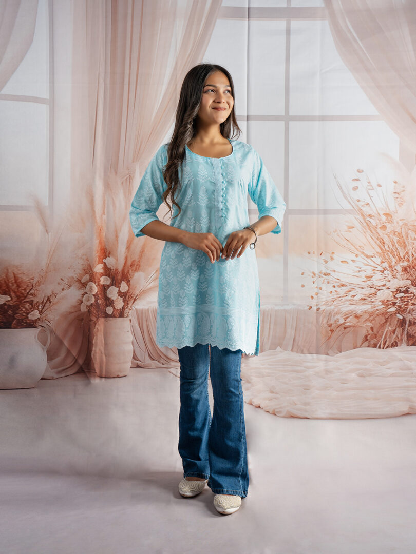 Serene Sky Blue Embroidered Short Kurti for Girls - Image 7