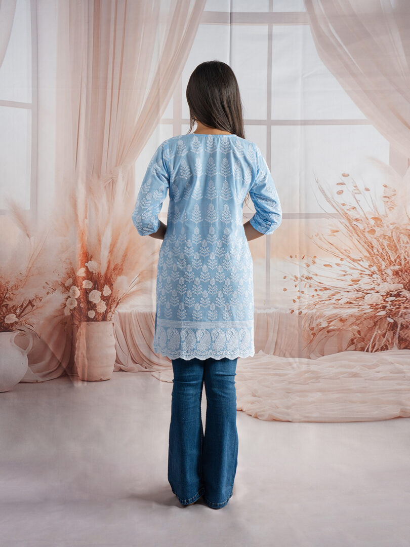 Serene Sky Blue Embroidered Short Kurti for Girls - Image 8