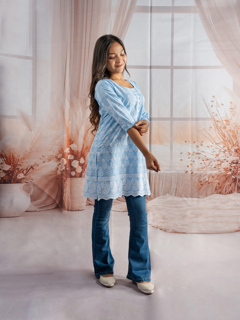 Serene Sky Blue Embroidered Short Kurti for Girls - Image 9