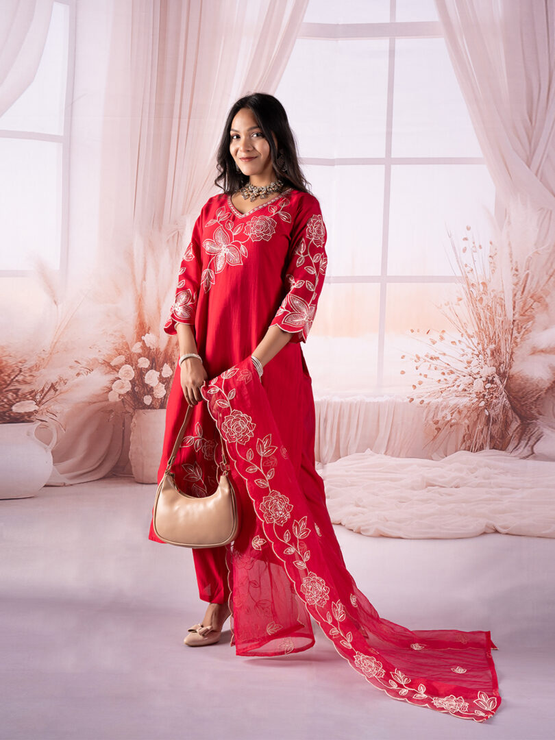 Crimson Red Floral Embroidered Kurta Set with Organza Dupatta - Image 4