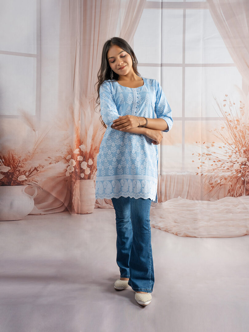 Serene Sky Blue Embroidered Short Kurti for Girls - Image 10