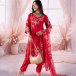 Crimson Red Floral Embroidered Kurta Set with Organza Dupatta